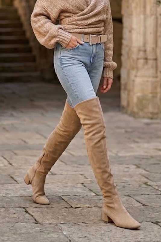 Dress custom-made stretch thigh-high boots in tan beige leather with low flare heels and round toe - Worn view
